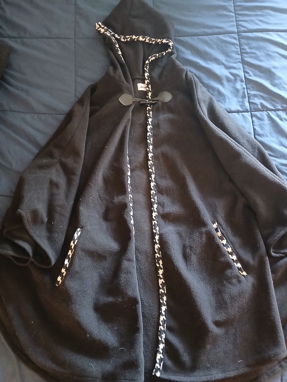 Black Hooded Fleece Poncho with Houndstooth Trim